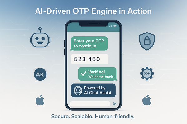 Mobile UI showing AI chatbot verifying OTP with SDK integration for iOS and Android