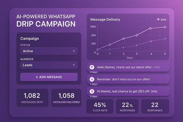 AI-powered WhatsApp drip campaign dashboard displaying message automation, delivery analytics, and engagement insights.